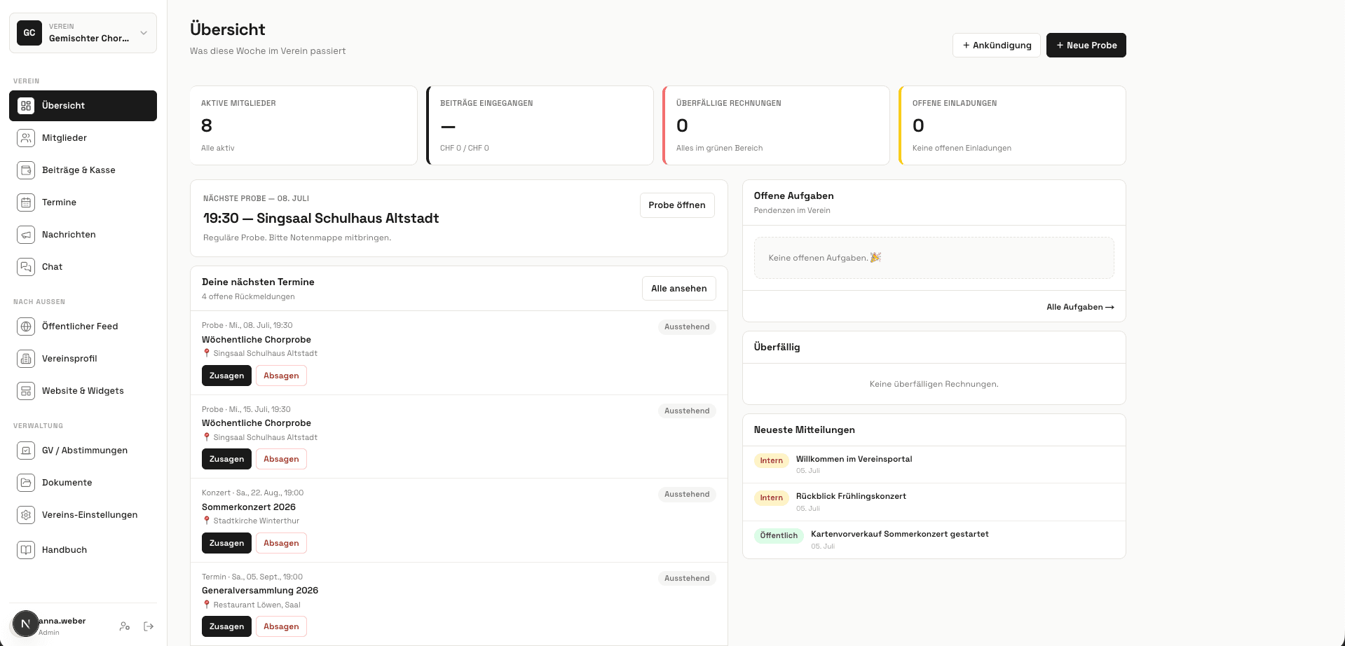 Vereinly Dashboard mit Terminen, Beiträgen und Mitteilungen